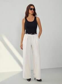 SHEIN Tall Pantalon droit de couleur unie décontracté pour femmes - Nude - Voir 1