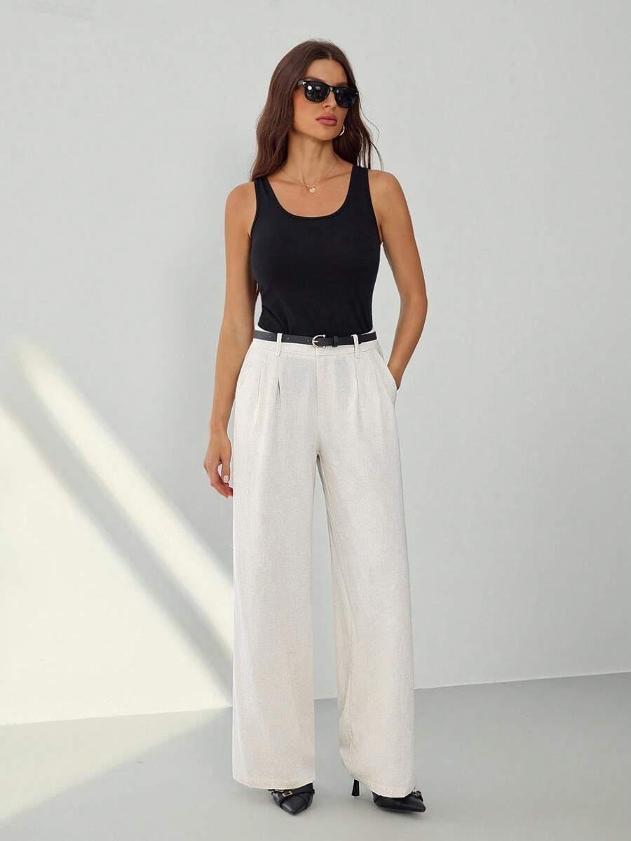 SHEIN Tall Pantalon droit de couleur unie décontracté pour femmes - Nude - Voir 1