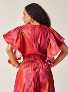 Vixey Abstract Floral Print Exaggerated Ruffle Sleeve Taffeta Top, Cute Summer Tops, Ruffle Top, Summer, Fall, Autumn, Going Out Tops Women, Date Night - Multicolor - View 4