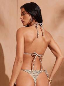 Hauture Women's Zebra Print Foil Effect Halter Neck Sexy Bikini Top With Stone Chain Decor For Summer Beach Vacation - Multicolor - View 5