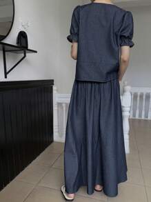 DAZY Set di due pezzi in denim vintage, stile vintage, delicato ed elegante, design snellente - Blu lavato scuro - Visualizzare 2