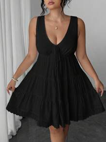 Elenzga 女式加大码无袖蝴蝶结荷叶边多层蛋糕连衣裙 - 黑色 - 查看 5