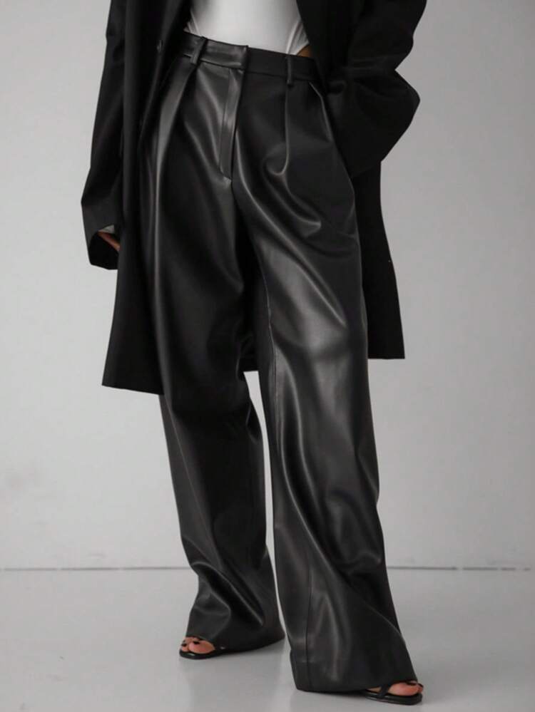 Women Loose Straight Leg Faux Leather Pants, Autumn/Winter