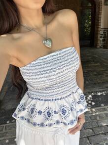 Sunnyshic White Digital Floral Print Cropped Camisole Cinched Waist Flounce Hem Open Back Blouse, Bohemian Romantic Minimalist Elegant Cute Design, Summer Vacation Beach Party Daily Wear Date