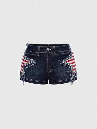 ROMWE Avant Short en jean taille basse style bandana pour femme, style années 2000, avec motif étoiles sur les côtés