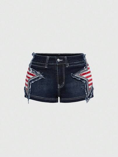 ROMWE Avant Women's Y2K Indie Bandana Style Low Waist Denim Shorts With Side Stars Graphic