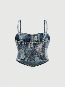 ROMWE Plus Size Vintage Floral Print Cropped Camisole For Summer - Medium Wash - View 2