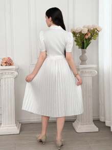 Teen Girl Ruched Lapel Short Sleeve Button Blazer Jacket & Midi Ruched Skirt 2 Pieces Set - White - View 2