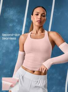 GLOWMODE Camiseta deportiva sin costuras y elástica con cuello en U y espalda de tirantes, de largo hasta la cadera, acanalada, para uso diario y casual, con copas extraíbles