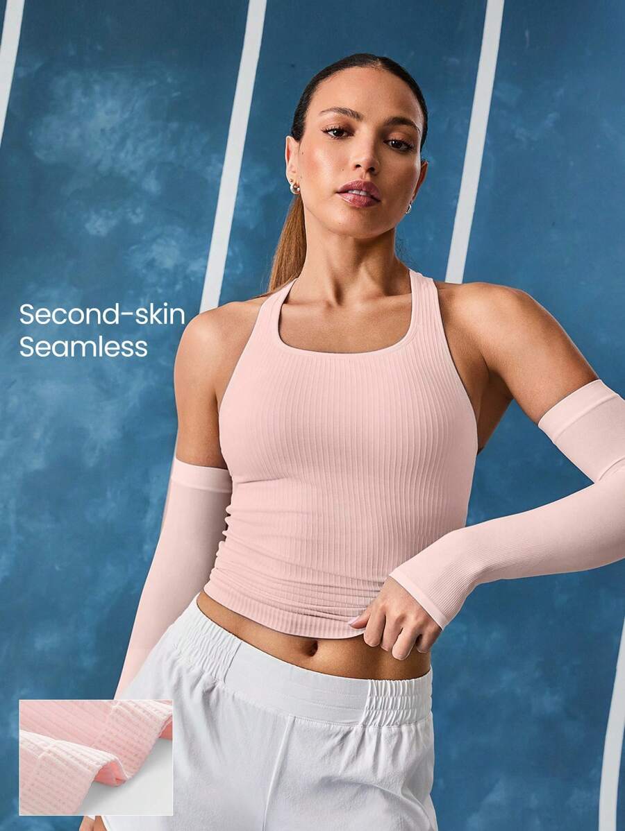 GLOWMODE Camiseta deportiva sin costuras y elástica con cuello en U y espalda de tirantes, de largo hasta la cadera, acanalada, para uso diario y casual, con copas extraíbles