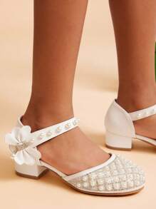 Mini mi #Princess-Approved Girls' Pearl&Bow Detail Ivory White Block Heel Dress Pumps – Elegant Princess Heels With Ankle Strap, Sparkling Rhinestone & Flower Girl Style For Weddings & Special Events - White - View 3