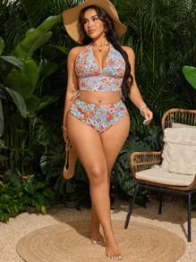 Swim Vcay 2pcs/Set Women's Summer Beach Vacation Swimsuit: Random Floral Print V-Neck Spaghetti Strap Tie-Side High Waist Bikini Bottoms And Casual Minimalist Vacation Spaghetti Strap Crop Top Plus Size Bikini Top