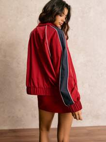 Easelle 酒红色梭织女式五角星印花插肩袖夹克和迷你裙运动套装 - 酒紅色 - 查看 9