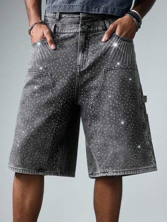 Street Life Herren Cargoshorts aus Denim mit Strass-Verzierungen und doppelter Taillenbandseite