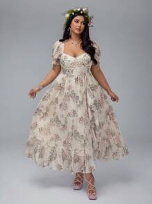 Lyrianda 大码女式优雅泡泡袖开衩下摆花卉印花连衣裙 - 彩色 - 查看 4