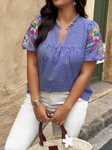 Weeklong 大码女式花卉格纹V领泡泡袖衬衫，夏季 - 藍白色 - 查看 7