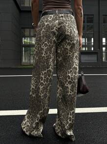 DAZY Women's Casual Leopard Print Loose Wide Leg Jeans - Khaki - View 2