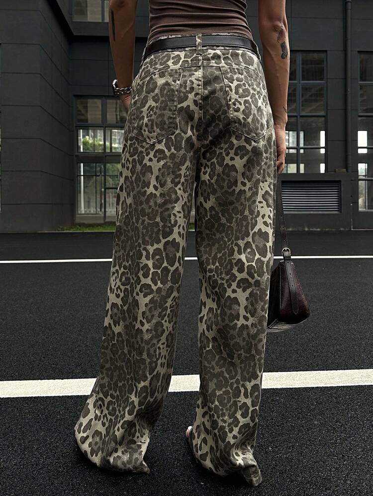 Women's Casual Leopard Print Loose Wide Leg Jeans