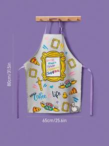 FRIENDS X SHEIN 1 pieza Delantal con estampado de dibujos animados de café, pizza y patito, a prueba de agua y aceite, de moda y versátil, adecuado para cocina y hornear