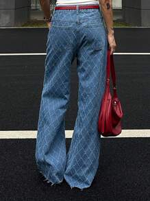 Livesso 女士格纹宽松休闲牛仔裤 - 藍色 - 查看 2