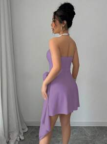 Elenzga 杏色露肩束腰 A 字型花卉优雅浪漫女士连衣裙，适合情人节穿着 - 淡紫色 - 查看 2