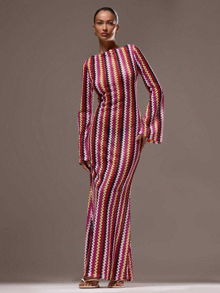MUSERA 纹理条纹针织喇叭长裙，春夏度假波西米亚风，伊比沙岛优雅海滩可爱婚礼宾客优雅约会之夜秋夏季穿搭泳装度假长裙 - 紅色 - 查看 1