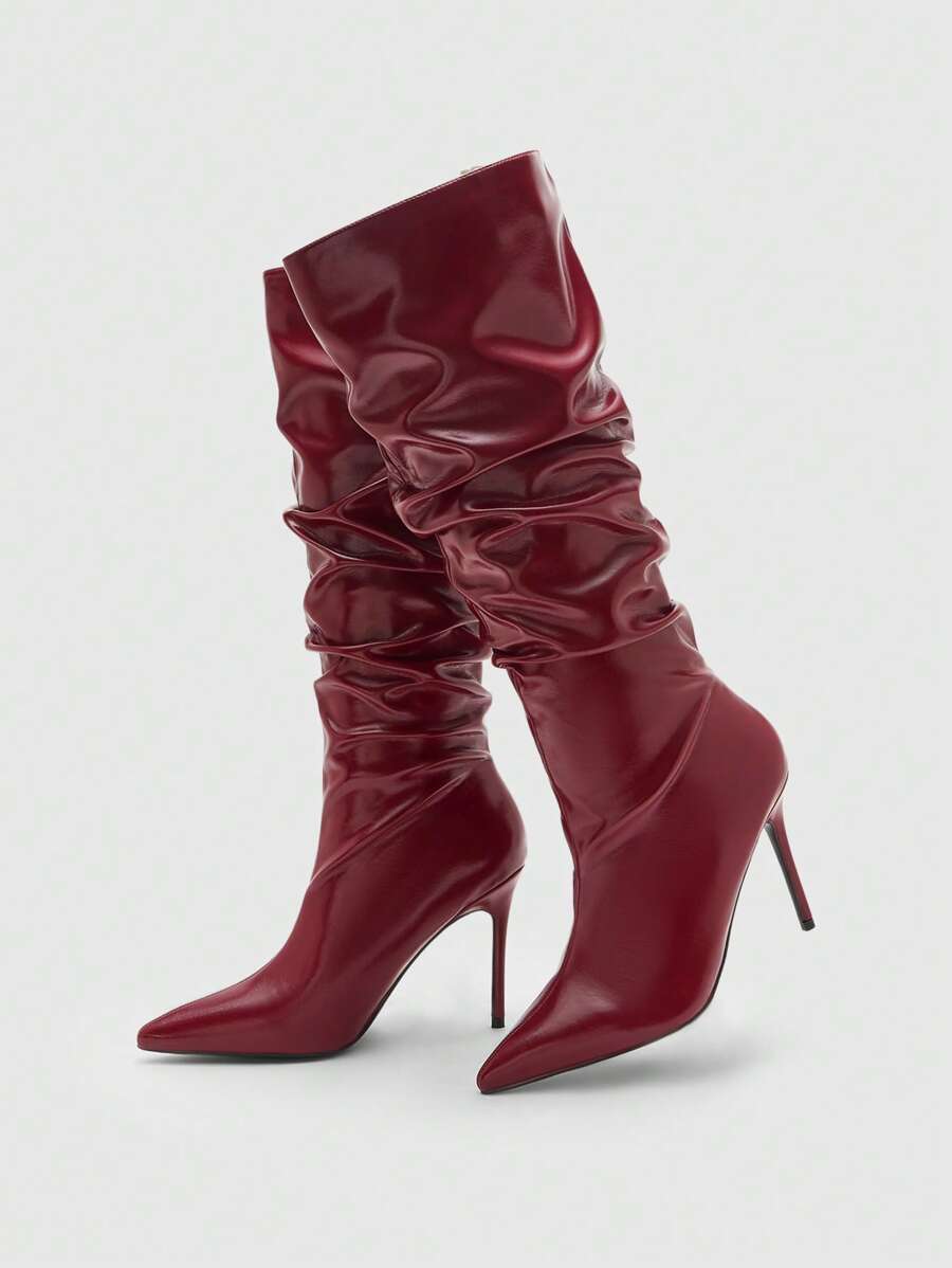 MOTF GIÀY BỐT CAO ĐÙI CÓ NẾP TAY MŨI NHỎ RHINESTONE THỜI TRANG, PHÙ HỢP CHO CÁC DỊP TIỆC VÀ DỊP ĐÓN - Màu Đỏ Sâu - Xem 2