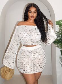 性感闪光针织圆领长袖上衣和紧身迷你裙套装，时尚休闲装，不对称设计 - 白色 - 查看 6