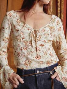 lacRébo Vintage Floral Top With Front Tie And Flared Sleeves Fall Teacher Spring Summer - Multicolor - View 3