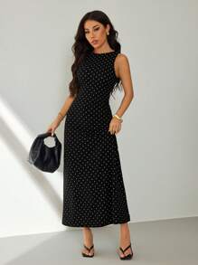 SHEIN PETITE 女士优雅波尔卡圆点印花无袖修身长裙，适合夏季度假 - 黑色 - 查看 6