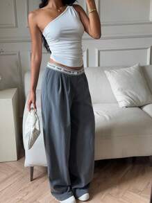 SHEIN EZwear Damen lässige graue gewebte Weite-Bein Hosen - Grau - Übersicht 5