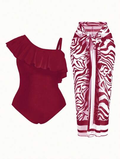 Swim Oasis 2-częściowy zestaw kostiumów kąpielowych dla kobiet w dużych rozmiarach - losowy nadruk, jednoczęściowy kostium kąpielowy z falbaniastym brzegiem, w połączeniu z półhalką