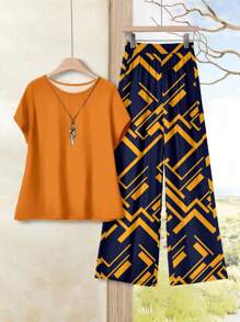 Rusticease 2 piezas Traje ajustado para mujer con estilo de bloqueo de color y patrón geométrico, adecuado para primavera y verano