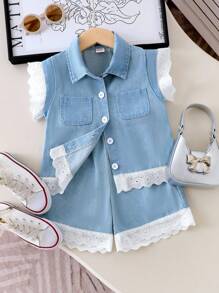 SHEIN 2pcs/Set Young Girl Cute White Lace Sleeveless Blue Washed Denim Top And Casual Cropped T-Shirt, Summer Outfit - Blue - View 7