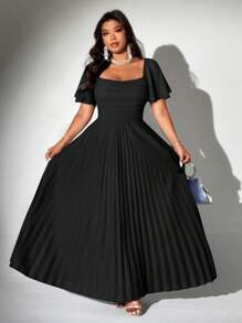 Viva Relle 大码女式优雅浪漫荷叶边雪纺喇叭袖连衣裙，适合婚礼派对 - 黑色 - 查看 6