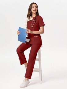 TaskEZ Contrast Color V Neck Scrub Top With Pockets And Pants, /Healthcare Scrub Uniform Set Women Scrub Sets Nurse Scrub Sets Women Scrub Suits Two Pieces Scrub Sets