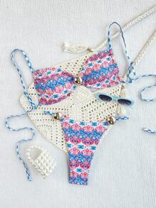SHEIN 2 pezzi/set Nuovo costume da bagno bikini con nodo laterale a taglio alto e stampa floreale multicolore, per vacanze al mare