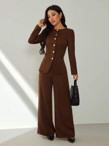 SHEIN PETITE Women's Elegant Solid Color Fitted Jacket And Pants Suit Set, Chocolate Brown Modern Suiting 2 Pieces Set In Fall/Winter - Coffee Brown - View 6