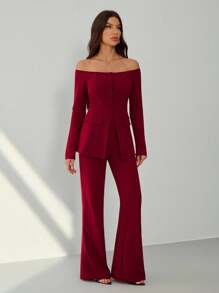 SHEIN Tall Women Plain Front Button Long Sleeve Off Shoulder Minimalist Top And Long Pants Suit Set In Fall/Winter