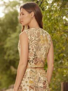 WESTFADE Patchwork Print V Neck Button Front Relaxed Denim Vest Top Summer Boho Cowgirl Nashville Rodeo - Coffee Brown - View 5