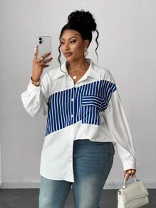 Maweii Plus Size Women Sexy Casual Commute Long Sleeve Striped Patchwork Cardigan Shirt - White - View 3