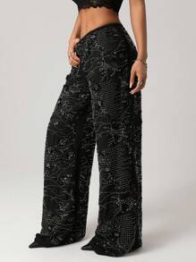 SHEIN ICON 女式新款优雅亮片刺绣蕾丝半透明阔腿裤 - 咖啡棕 - 查看 6