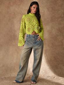 Glamine Women's Long Sleeve Stand Collar Water-Soluble Flower Inlay Edge Sheer Blouse, Lime Green Top, Hollow Out Top Fall Cloth For Women - Green - View 3