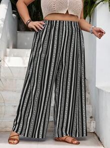 SHEIN CURVE+ 大码女式条纹松紧腰阔腿宽松休闲裤夏季/乡村/海滩度假装/沙滩装/沙滩装 - 黑與白 - 查看 8