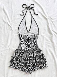 Soleia 女式复古多色斑马纹拼布黑色 V 领露背豹纹荷叶边装饰连体衣，波西米亚风，波西米亚风，浪漫花卉，度假风，花卉