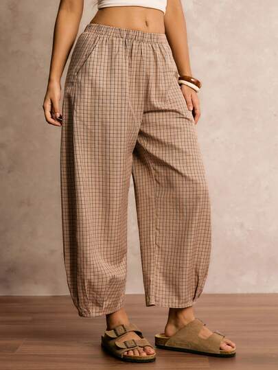 Easelle Pantalones casuales de mujer con estampado de cuadros tejidos en marrón