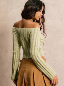 Easelle Women's Autumn And Winter Retro Casual Office Commuting Modern Fashion Elegant Sexy Bow Tie Hollow And Green Wide Pit Stripes One Shoulder Slim Wool Top