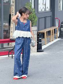 Tween GirlsKorean Fashion Summer New Flounce Hem Tank Top + Wide Leg Dot Bowknot Denim Pant 2 Pieces Outfit - Dark Wash - View 6