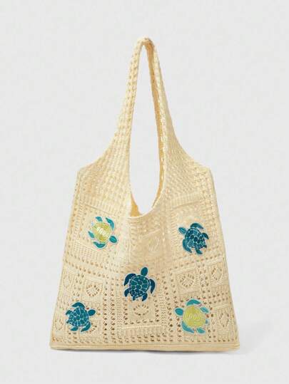 Fairycore 1pc Retro Handmade Crochet Embroidered Hollow Out Shoulder Bag, Blue Sea Turtle Tote Bag For Women