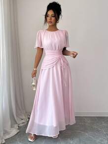 Elenzga Vestido largo con mangas paragua, cuello redondo, cintura recogida y cordón para mujer, de estilo francés romántico siciliano, elegante y casual, ideal para ir al trabajo, vacaciones, tarde de té